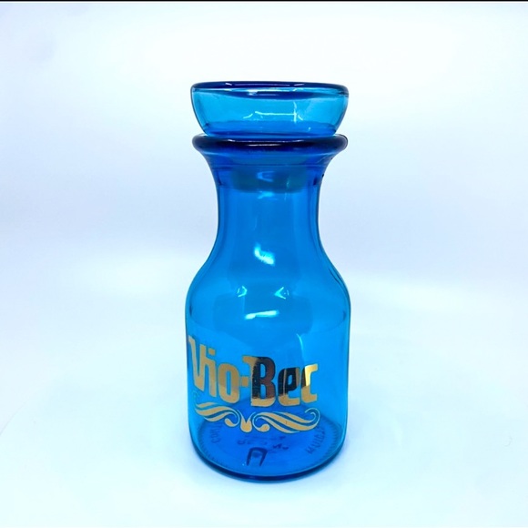 Vintage Belgium Turquoise Vio-Bec Apothecary Jar Gold Lettering 6” Lid - Picture 3 of 12